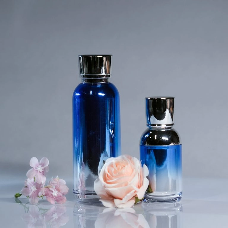 empty blue glass shampoo pump bottle