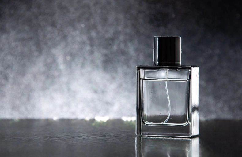 square perfume bottle with black lid