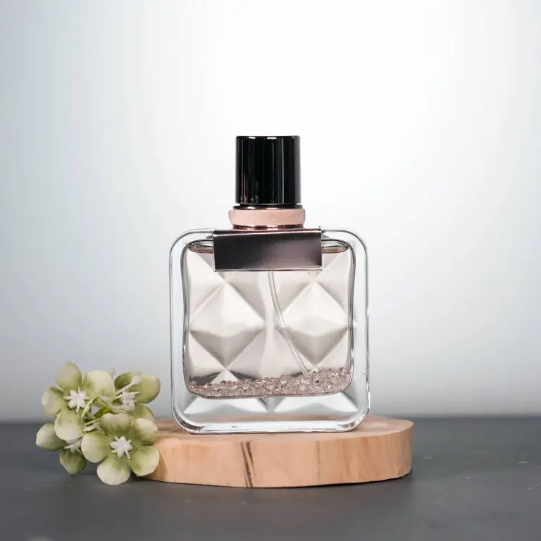 50ml Flat Square Pink Perfume Bottle with Diamond Embossing